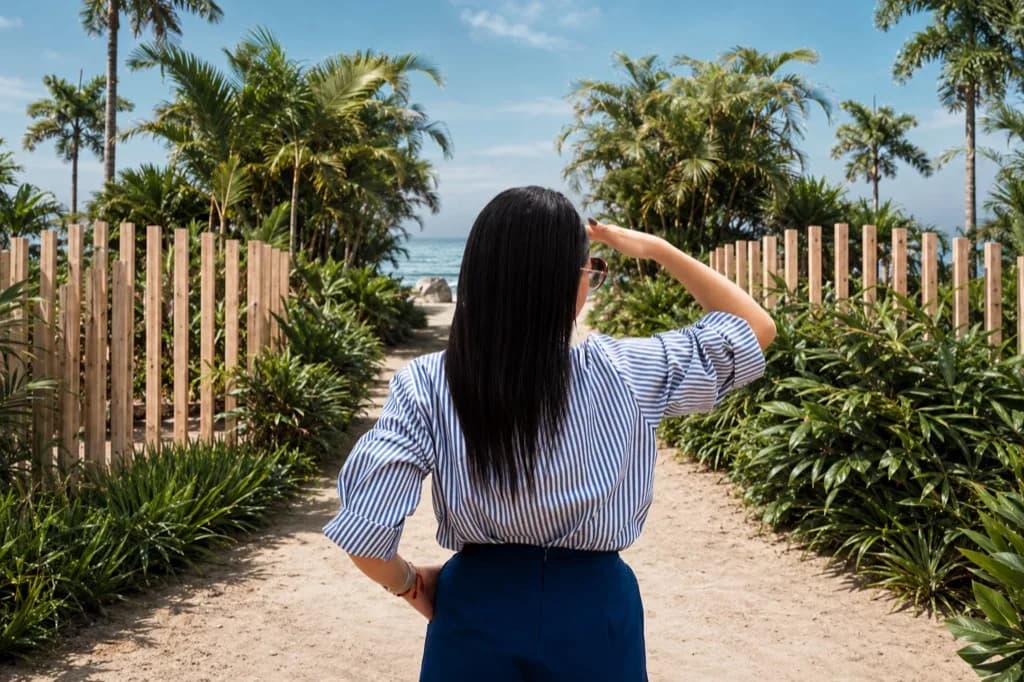 Persona caminando hacia la playa por un acceso de madera cerca de Altamar