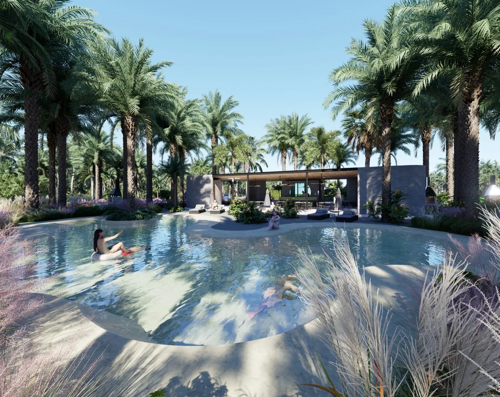 Render conceptual de la alberca tipo oasis de Altamar — vista ilustrativa, sujeta a cambios